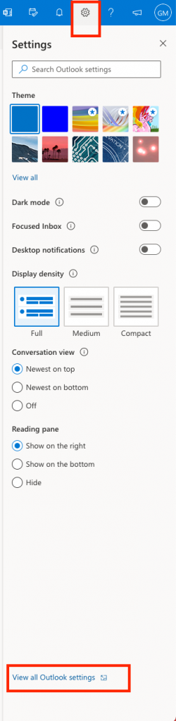 Opening Microsoft 365 Outlook settings