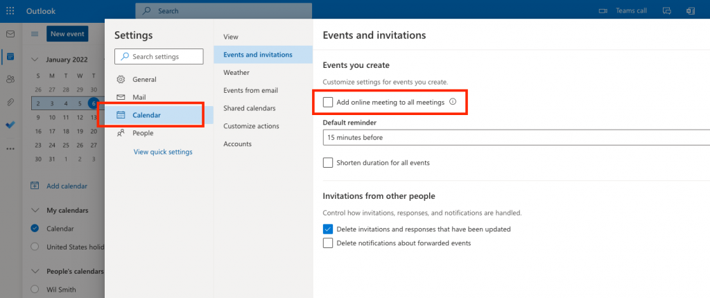 Microsoft 365 outlook calendar disable automatic teams meeting